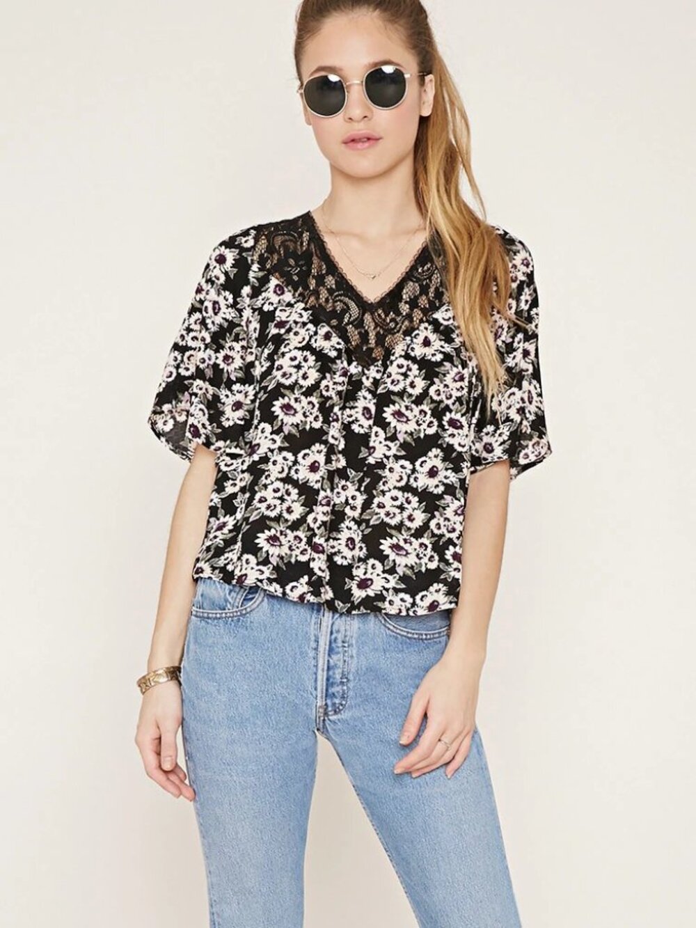 Forever 21 Black Multi Lace-Paneled Floral Top Small S